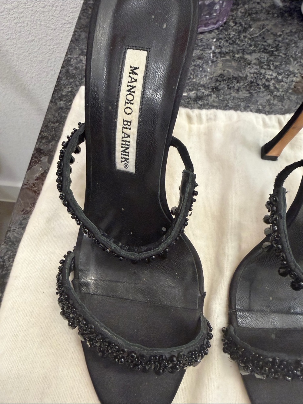 Manolo Blahnik Black Beaded Strappy Slide Heels - Picture 2 of 7